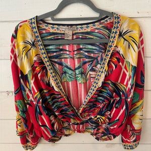 Free Market Tropical Print Women's Top - Red and Yellow in size small
